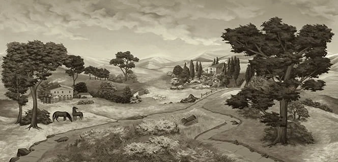 Фотообои на стену - пейзаж, серо-зеленый, с деревьями, с лошадями, 3д