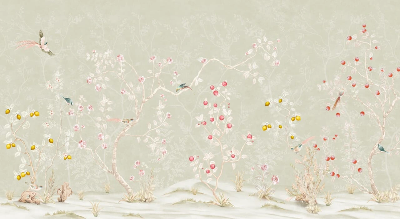 Фотообои и фрески на стену - шинуазри, сад, на сером, с деревьями и цветами, китайские