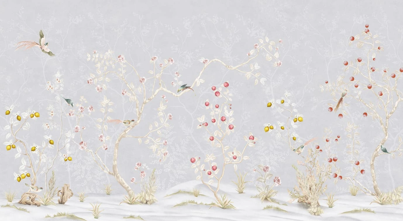 Фотообои на стену - шинуазри, серо-сиреневые, сады, с птицами и цветами