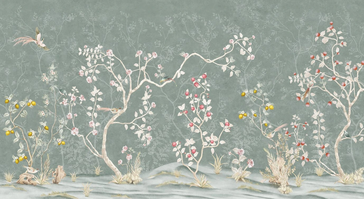 Фотообои на стену - шинуазри, сад, зеленые, с деревьями и птицами