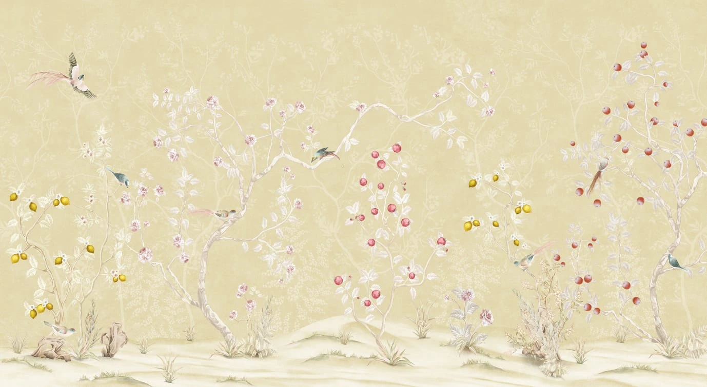 Фотообои на стену - шинуазри, сад, желтые, с птицами, с цветами