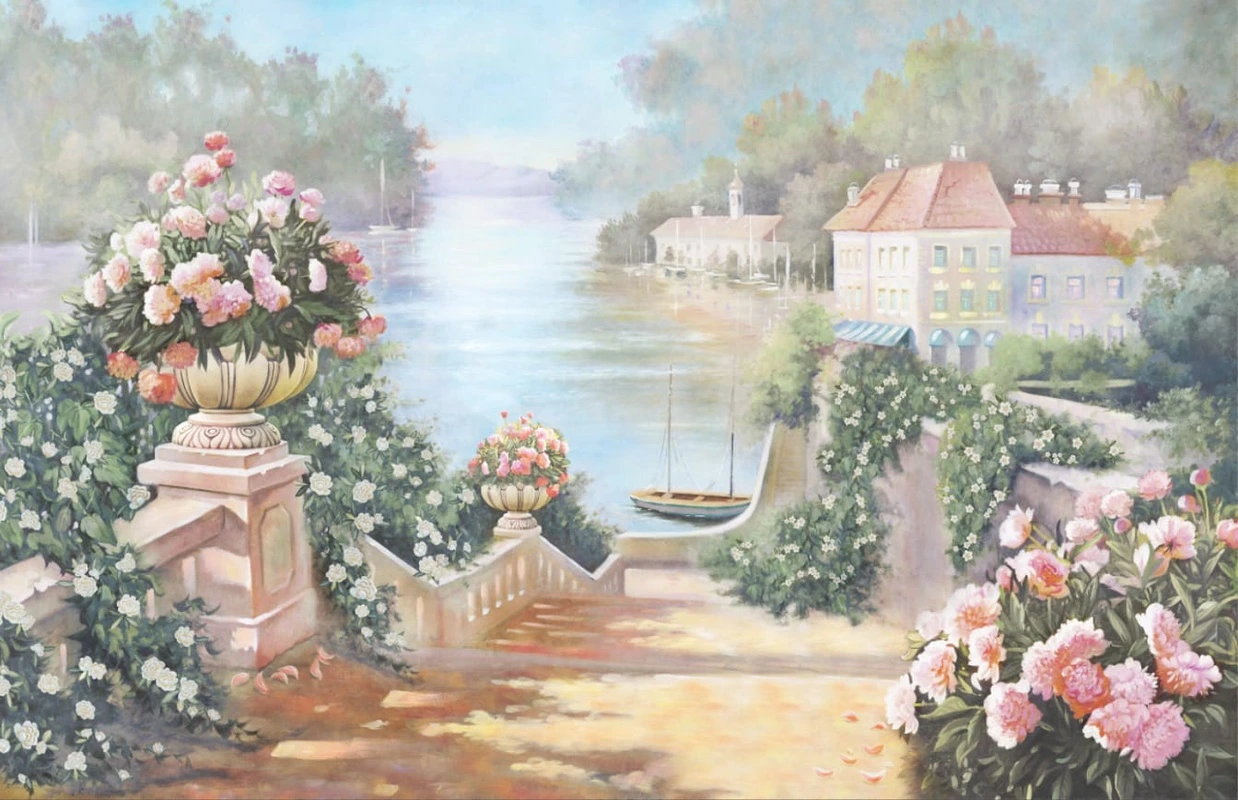 Фотообои на стену - наши работы, пейзаж с цветами, река