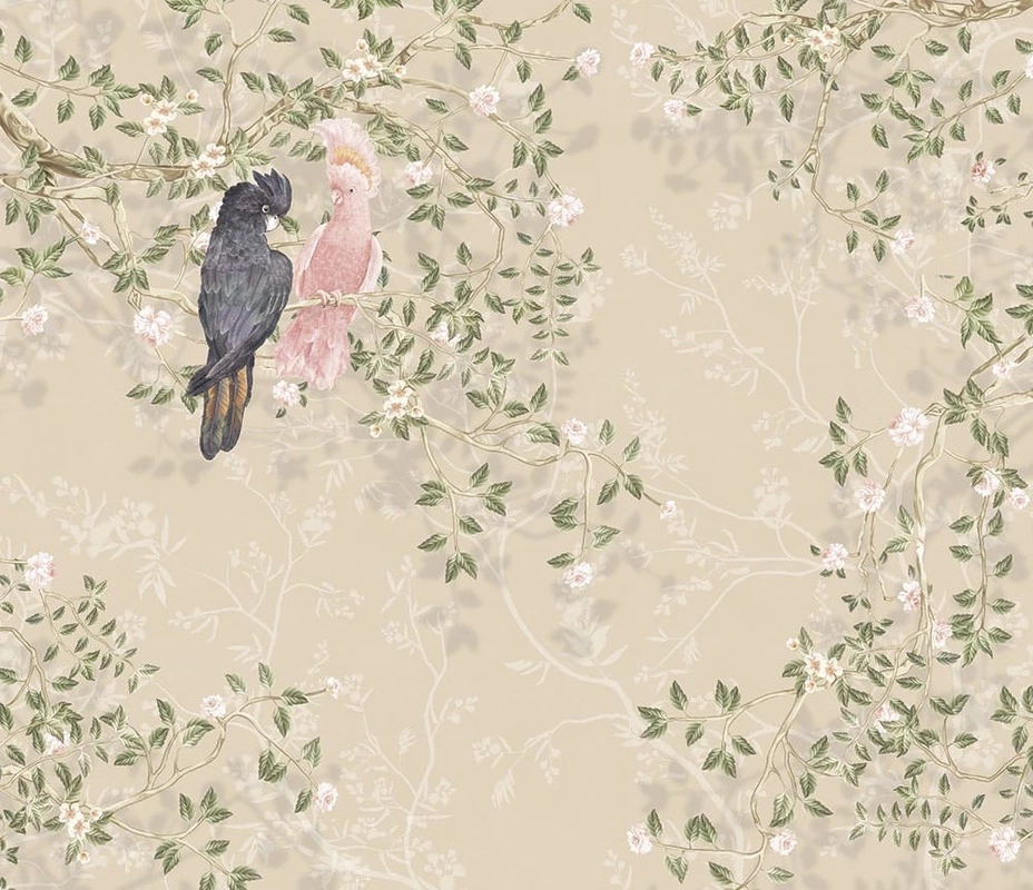 Фотообои на стену - шинуазри, ветки, с птицами, цветы и листья, попугаи