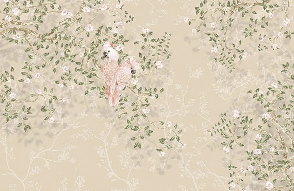 Фотообои на стену - шинуазри, ветки с листьями, птицы и цветы, с попугаями