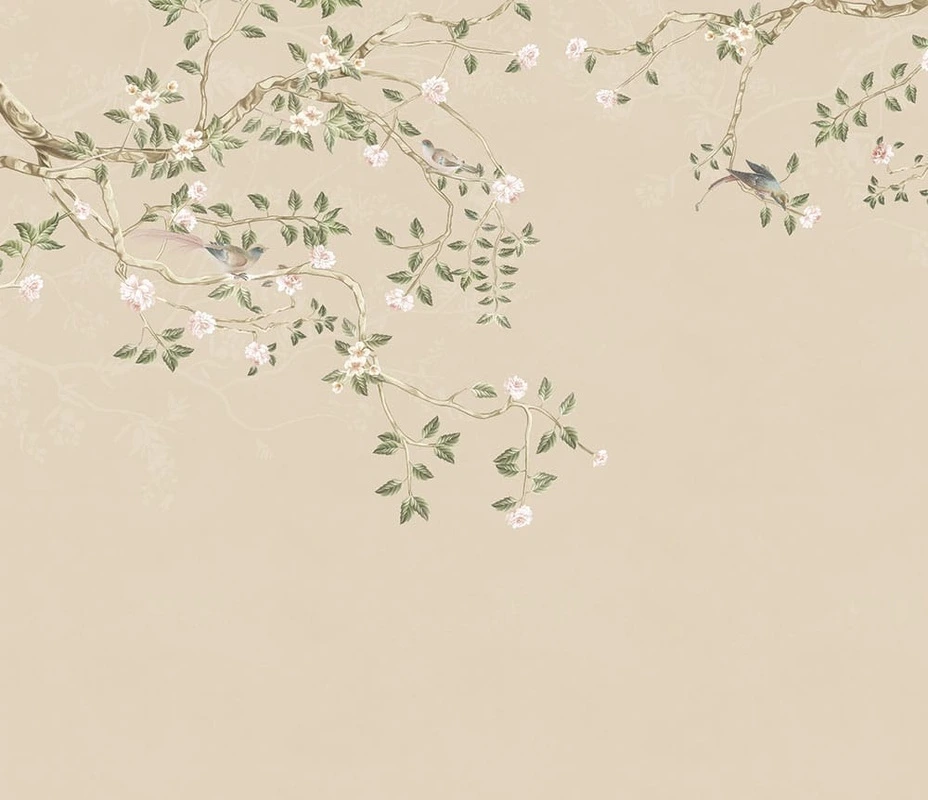 Фотообои на стену - шинуазри, сад, на бежевом, ветки, с птицами