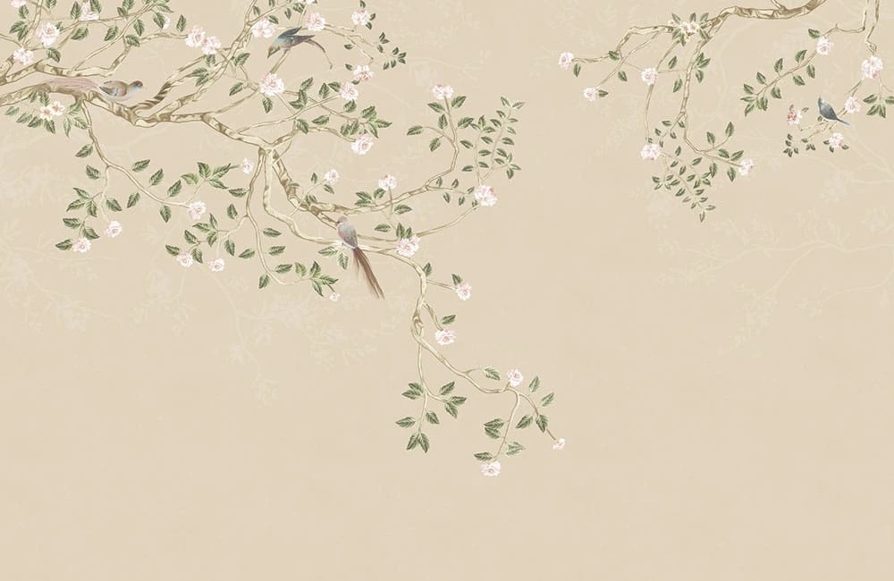 Фотообои на стену - шинуазри, сад, ветки дерева, на бежевом, с цветами и птицами
