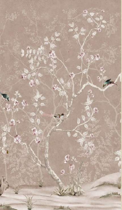 Фотообои на стену - шинуазри, сад, вертикальные, на серо-бежевом фоне, с птицами и цветами