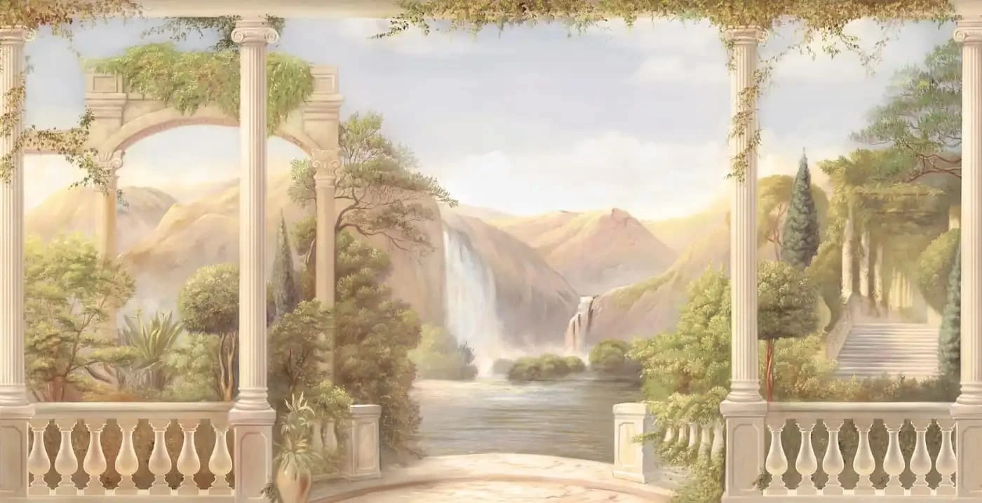 Фотообои на стену - наши работы, пейзаж с водопадом, пейзаж с колоннами, 3д, на кухню