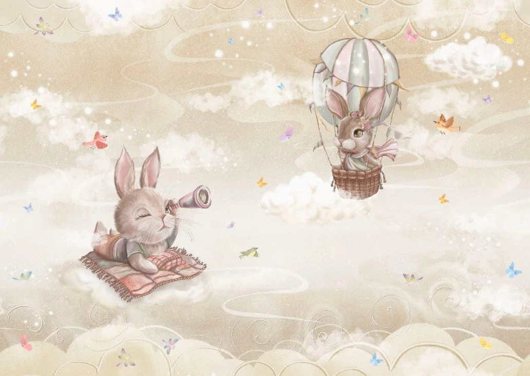 Фотообои на стену - в детскую комнату, на бежевом фоне, зайчики, кролики, детские