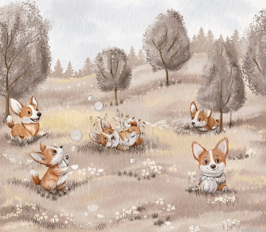 Фотообои на стену - в детскую комнату,  на бежевом фоне, корги, собачки, детские