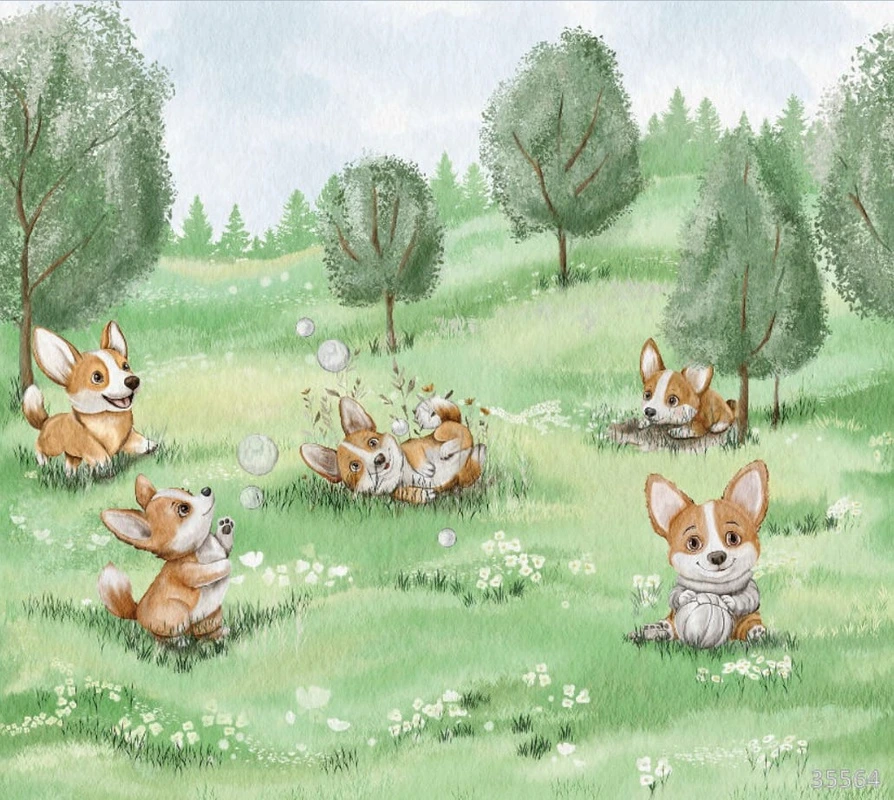 Фотообои на стену - в детскую комнату, на зеленом фоне, собачки, корги, детские