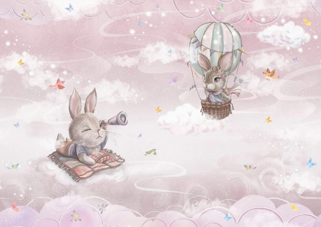 Фотообои на стену - в детскую комнату, сиреневые, зайчики, кролики, детские