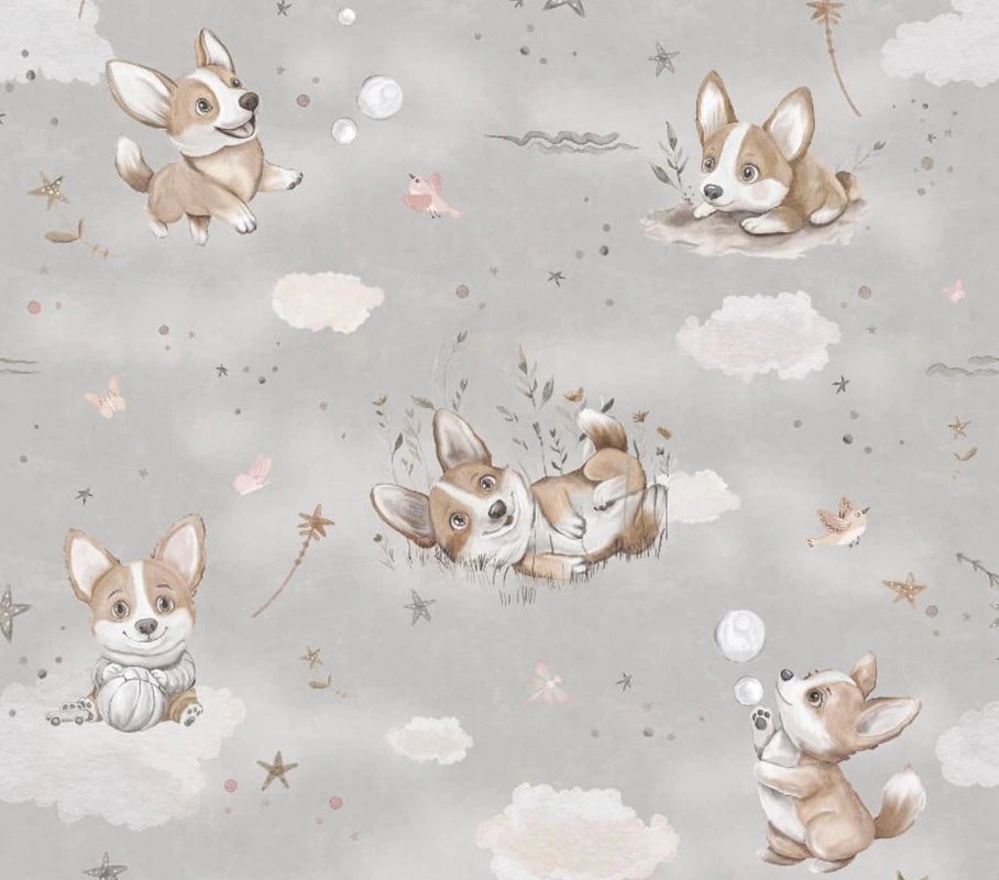 Фотообои на стену - в детскую комнату, серые, на сером фоне, корги, собачки, детские