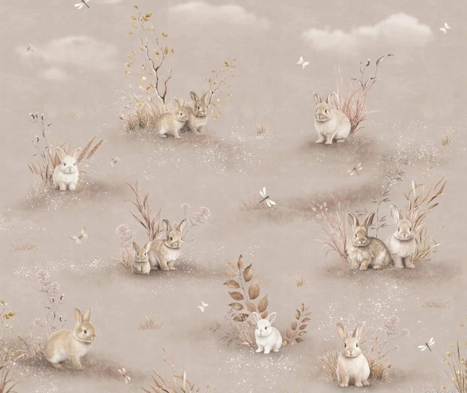 Фотообои и фрески на стену - в детскую комнату, на бежевом фоне, кролики, стрекозы, детские