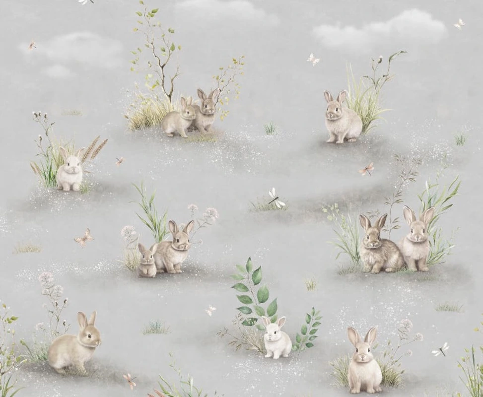 Фотообои на стену - в детскую комнату, на сером фоне, кролики, стрекозы, детские