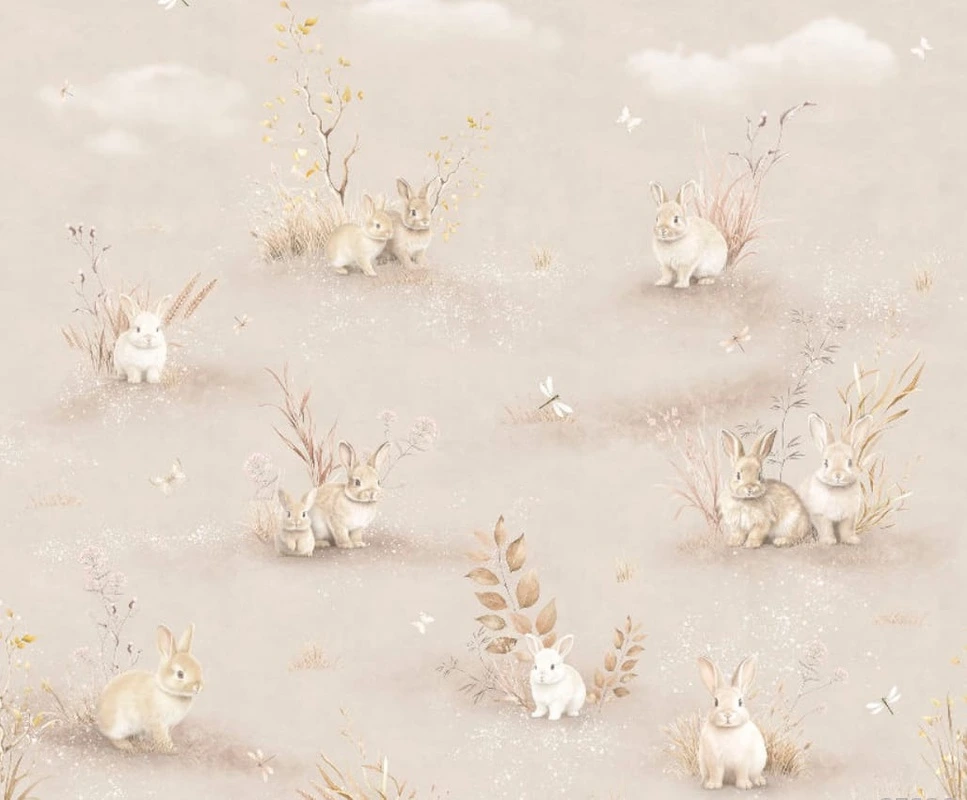 Фотообои на стену - в детскую комнату, бежево-розовые, кролики, стрекозы, детские