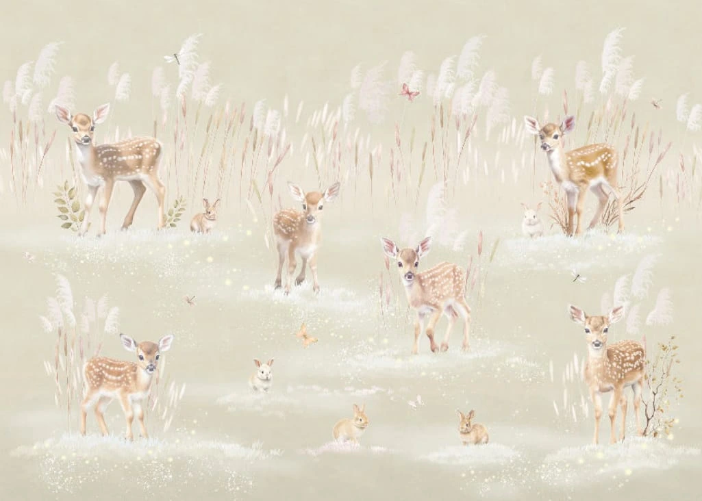 Фотообои на стену - в детскую комнату, бежевые, оленята, кролики, детские