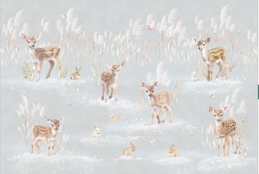 Фотообои на стену - в детскую комнату, на сером фоне, оленята, кролики, детские