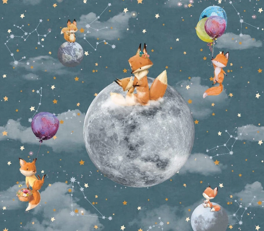 Фотообои на стену - в детскую комнату, бирюзовые, лисята, серые, детские