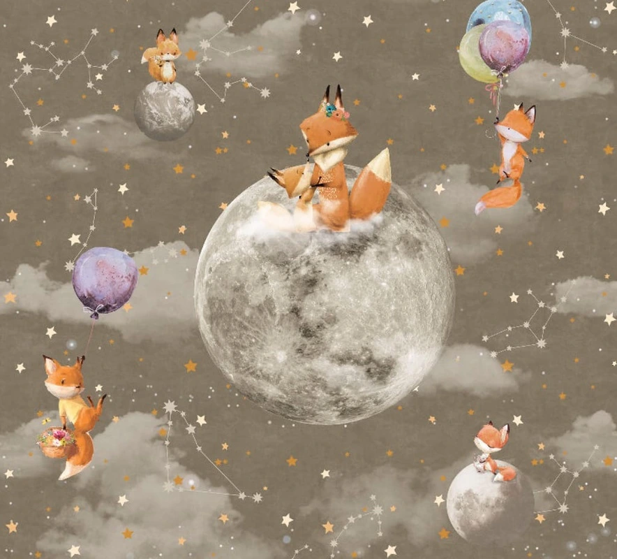 Фотообои на стену - в детскую комнату, на коричневом фоне, лисята, планеты, детские