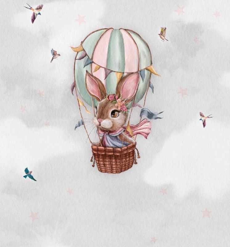 Фотообои на стену - в детскую комнату, серые, зайчик на воздушном шаре, детские