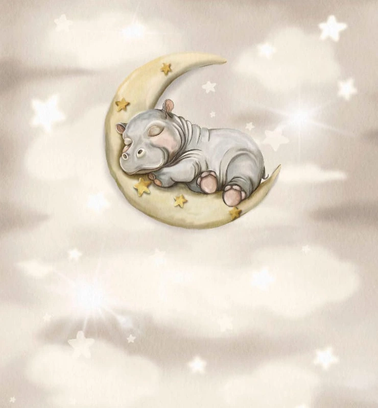 Фотообои на стену - в детскую комнату, бежевый фон, бегемотик, месяц, детские