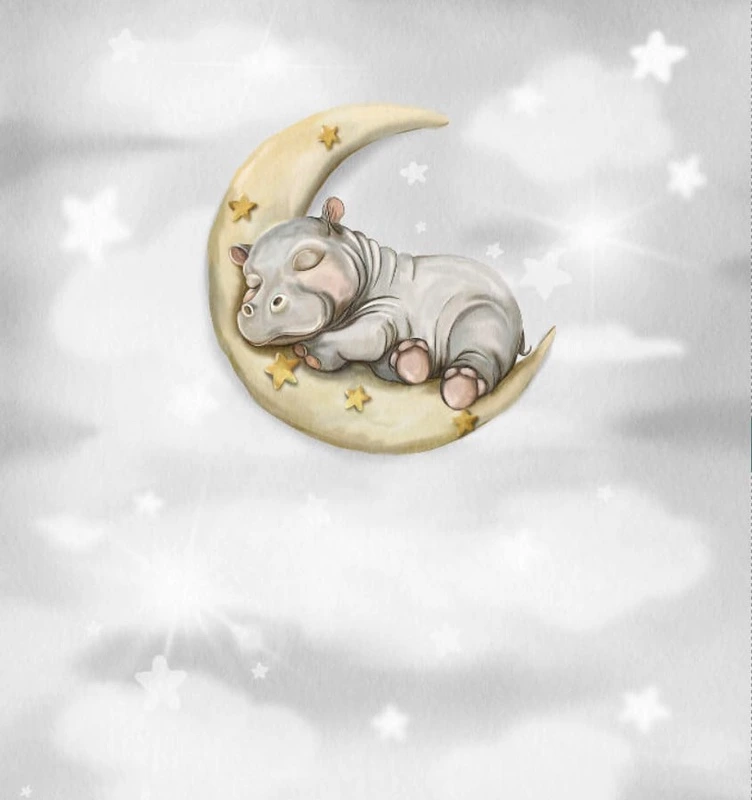 Фотообои и фрески на стену - в детскую комнату, серый фон, бегемотик на месяце, звезды, детские