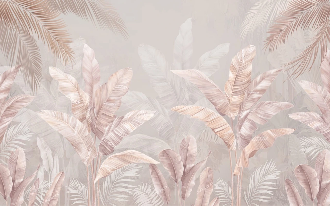 Фотообои на стену - современные, бежевые, тропические листья, ветки, розоватые