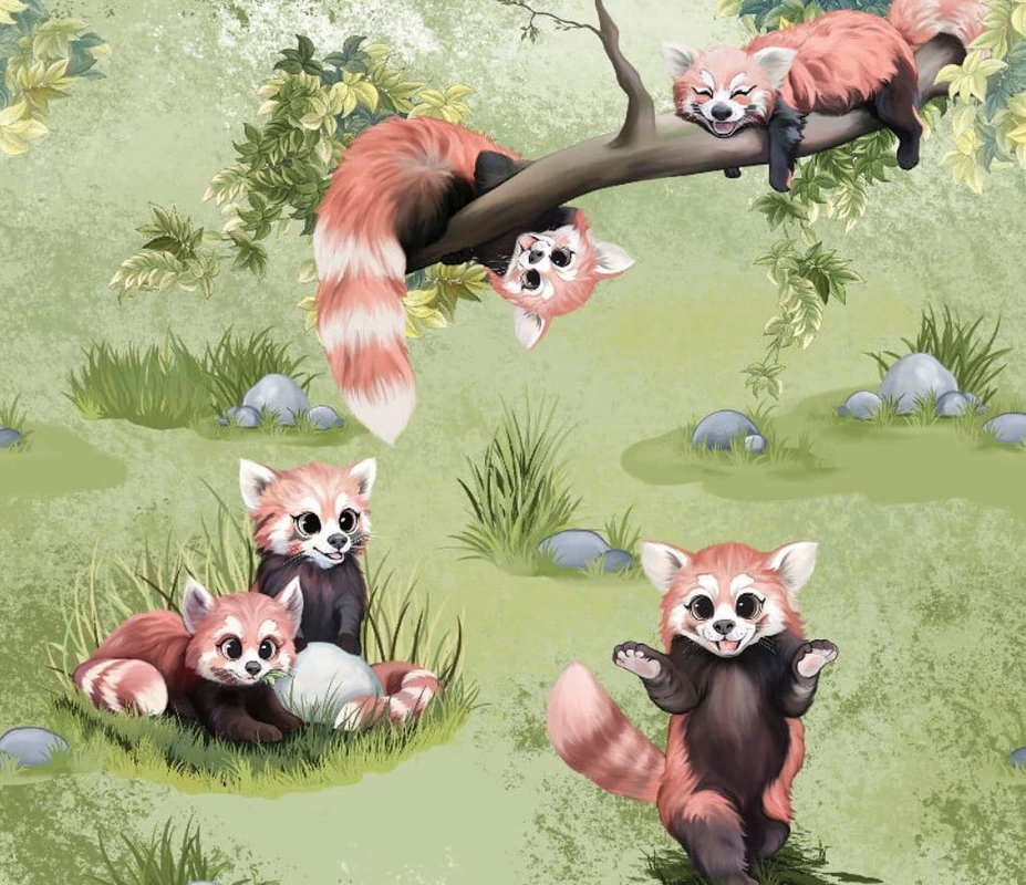 Фотообои на стену - в детскую комнату, еноты, на зеленом фоне, детские