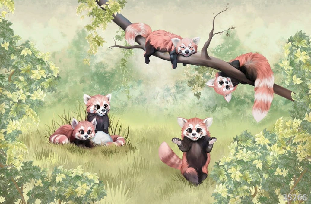 Фотообои и фрески на стену - в детскую комнату, енотики, в зелени, детские