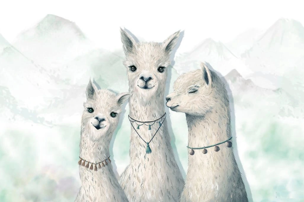 Фотообои на стену - в детскую комнату, ламы, на салатовом фоне, детские