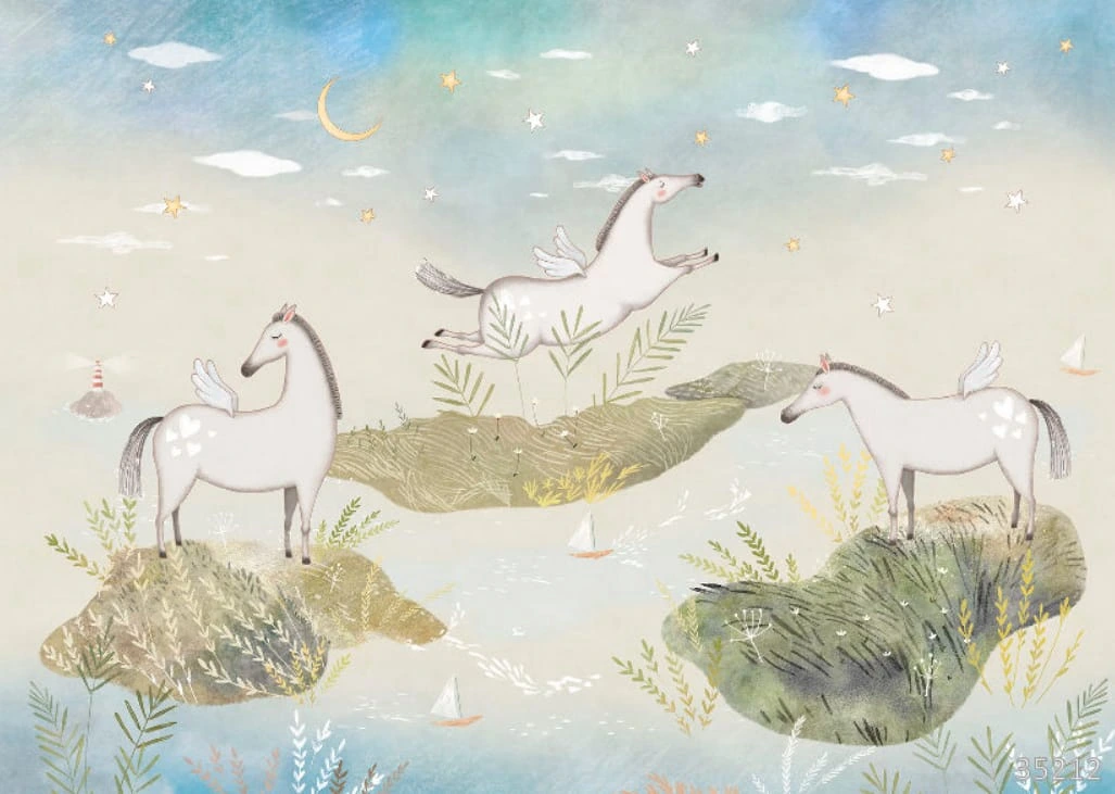 Фотообои и фрески на стену - в детскую комнату, лошадки, на бежевом, на голубом, детские