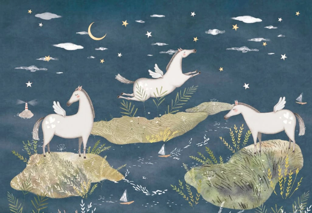 Фотообои на стену - в детскую комнату, лошадки, на синем фоне, детские