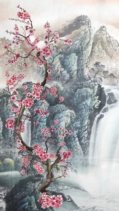 Фотообои и фрески на стену - пейзаж, природа, с сакурой, цветы, деревья, сакура, вода, мэйхуа, скалы, горы, восток, водопад, серые, розовые, голубые, горы с сакурой