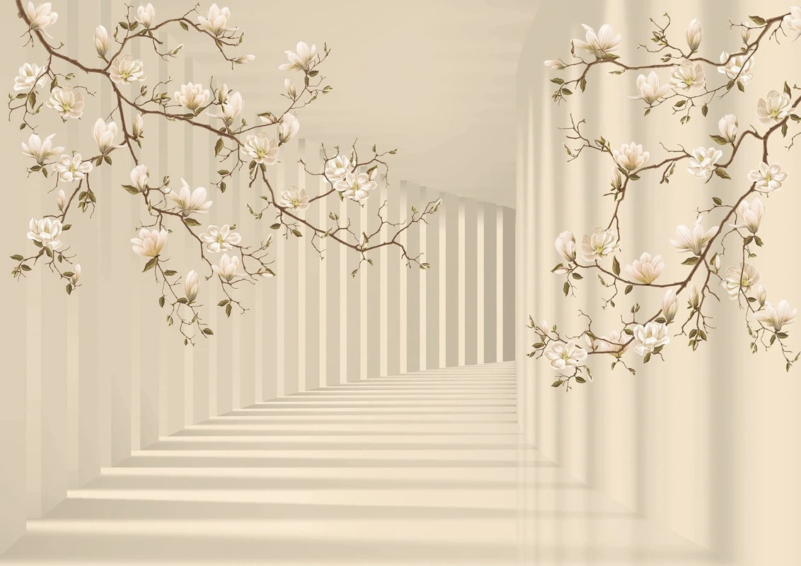 Фотообои на стену - цветы, ветки магнолий, колонны, коридор, 3д