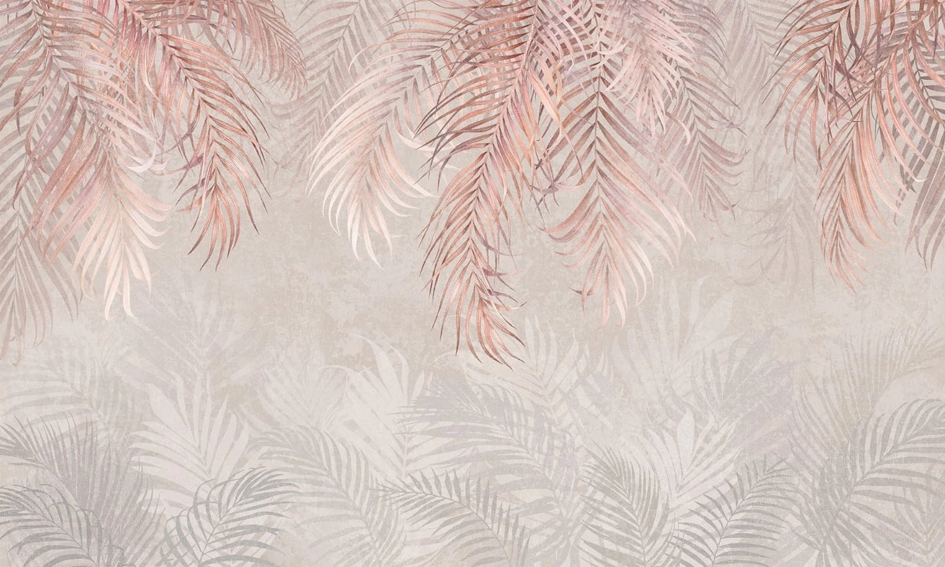 Фотообои на стену - современные, листья тропические, розовые, на сером фоне