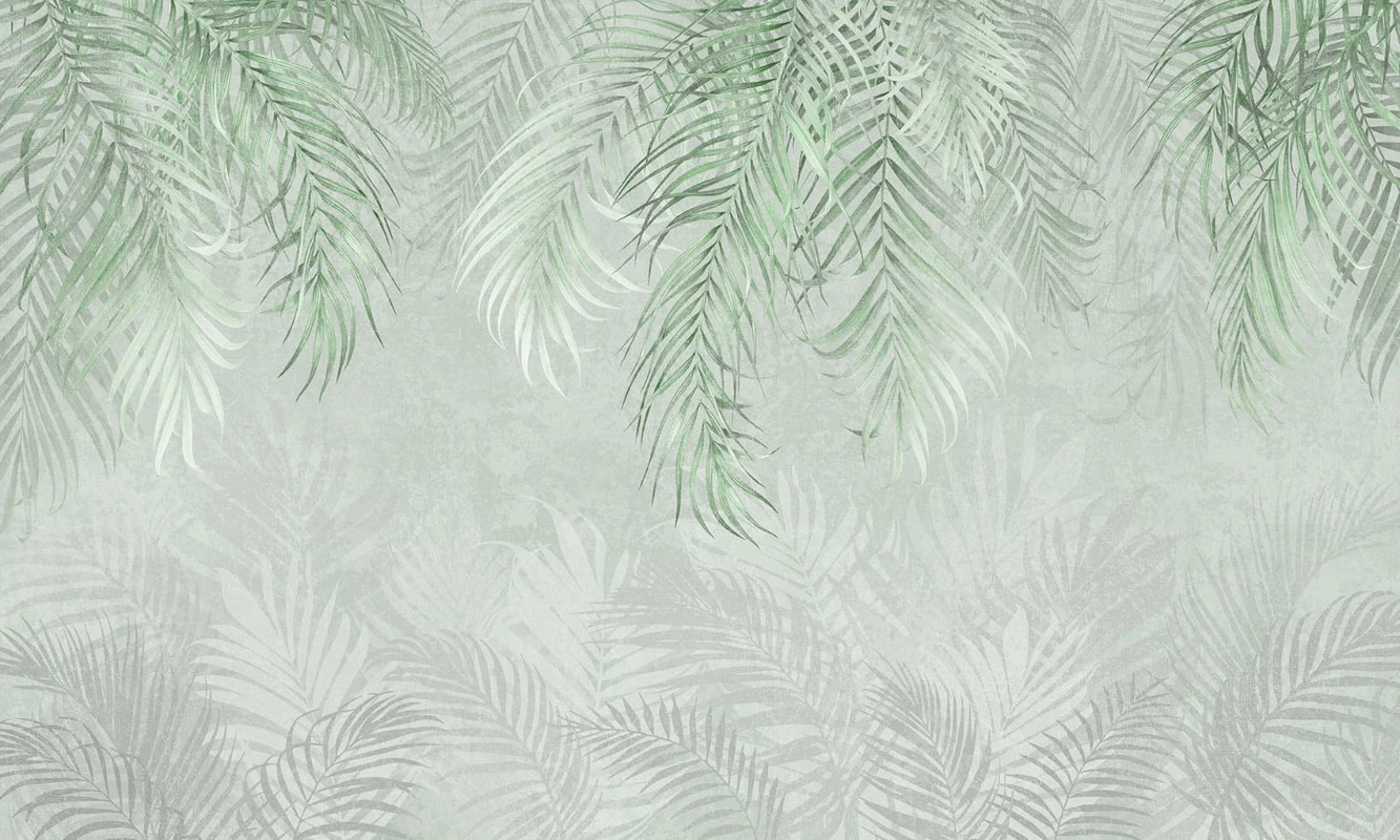 Фотообои на стену - современные, листья тропические, ярко зеленые, на сером фоне