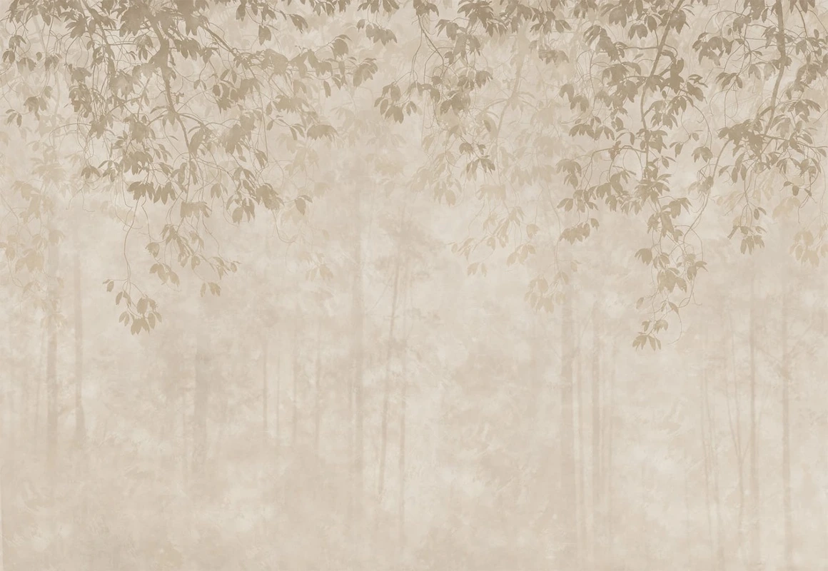 Фотообои и фрески на стену - бежевые, деревья в тумане, ветки, листья