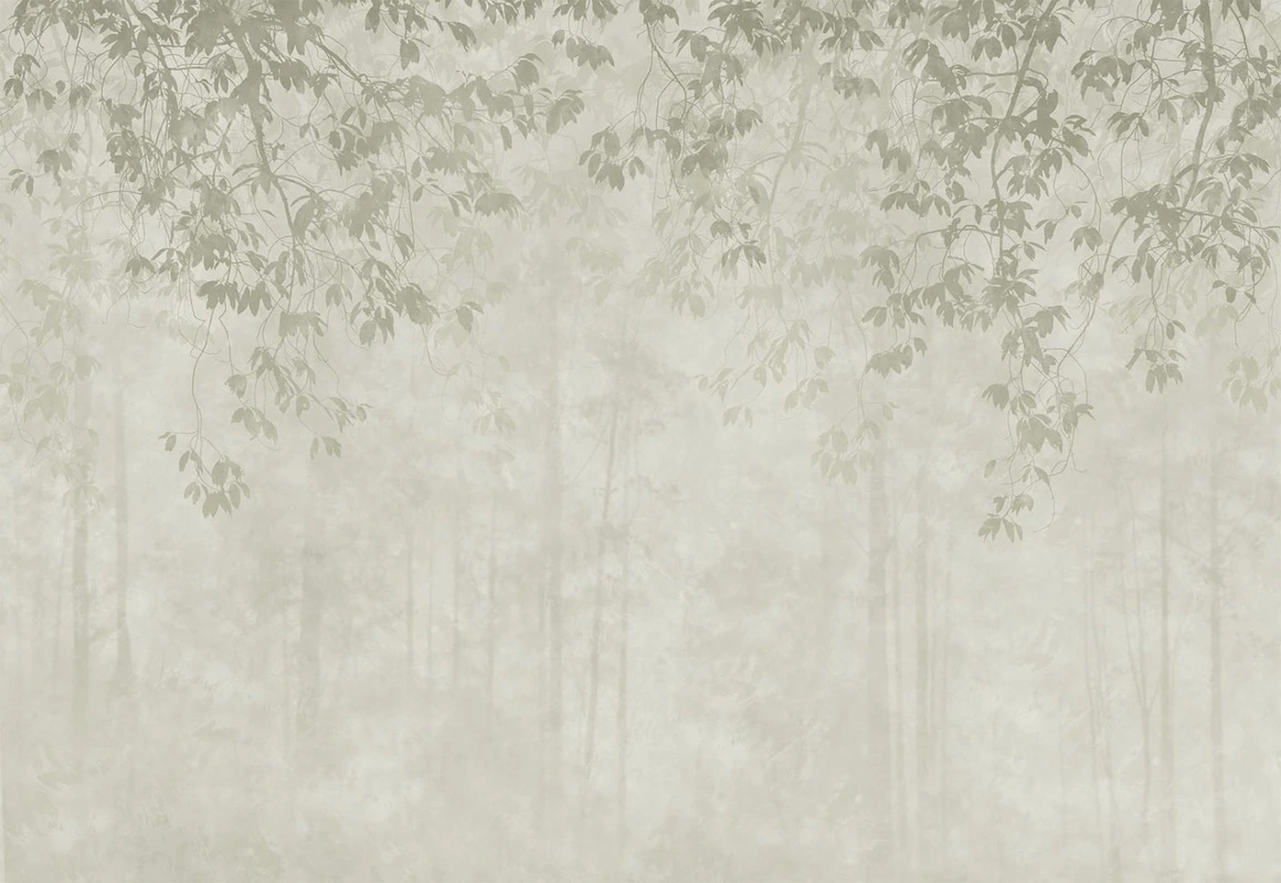 Фотообои на стену - современные, серо-зеленые,  деревья в тумане, ветки деревьев