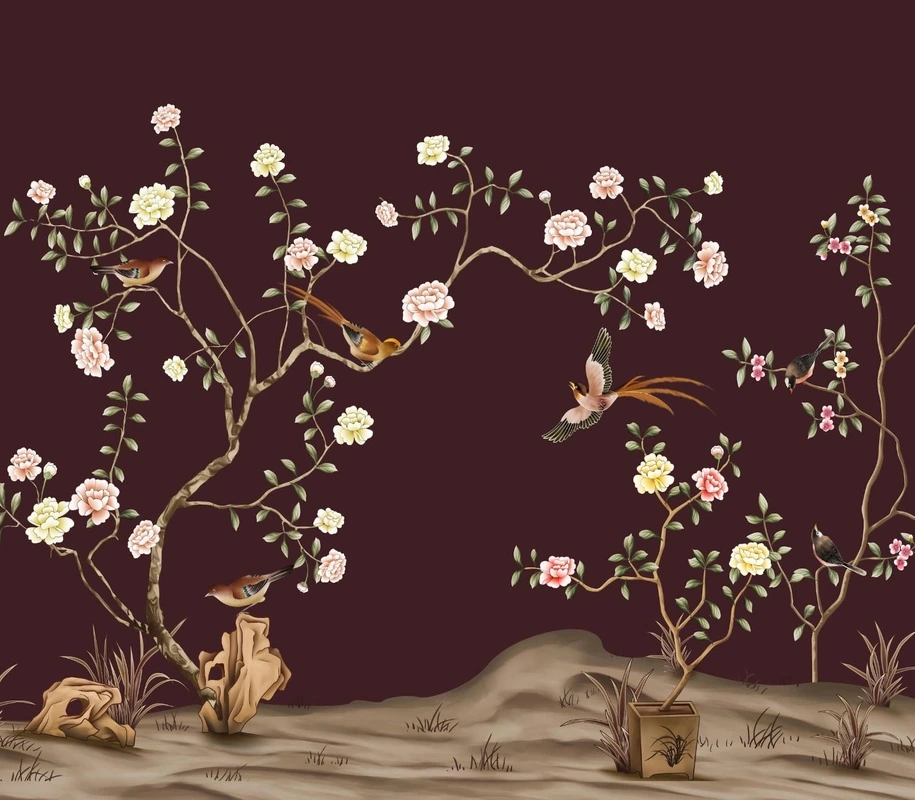 Фотообои на стену - шинуазри, сад, на бордовом фоне