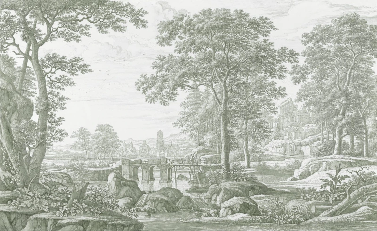 Фотообои на стену - пейзаж, серо-зеленые, античный парк, лес, с деревьями