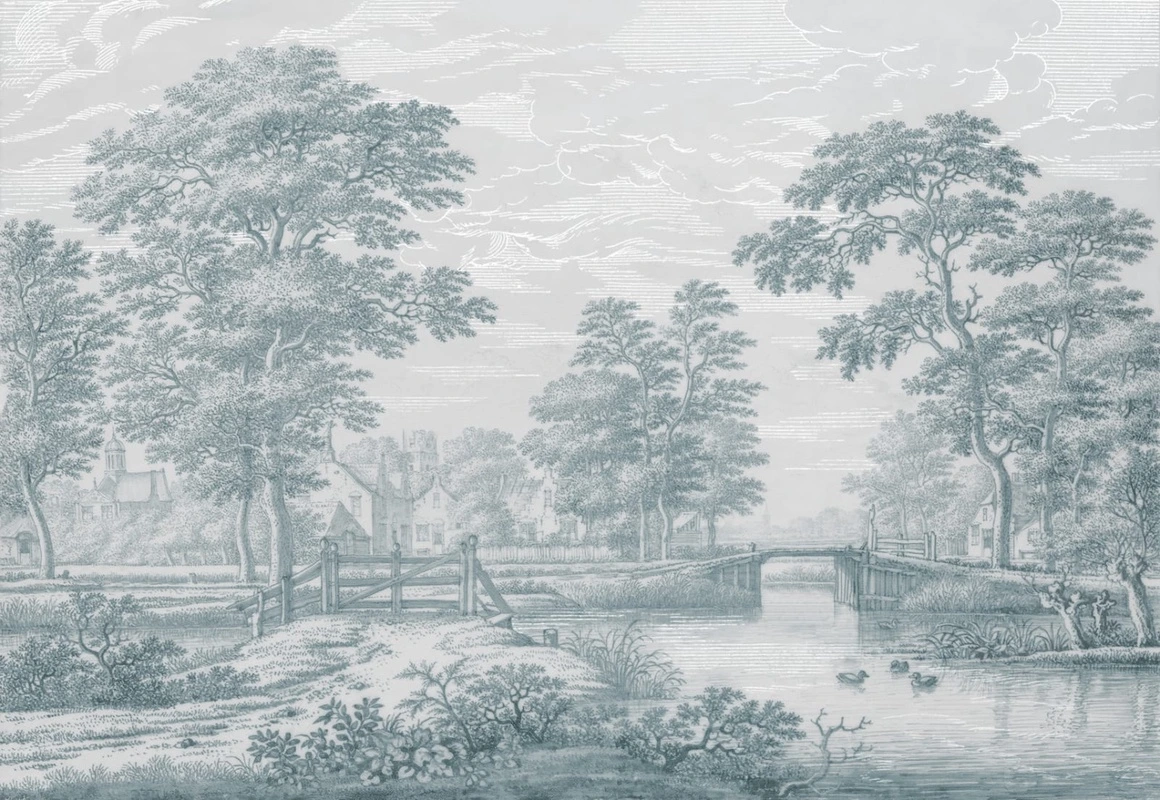 Фотообои на стену - пейзаж, серо-зеленые, новинки, деревья, река, забор, лес