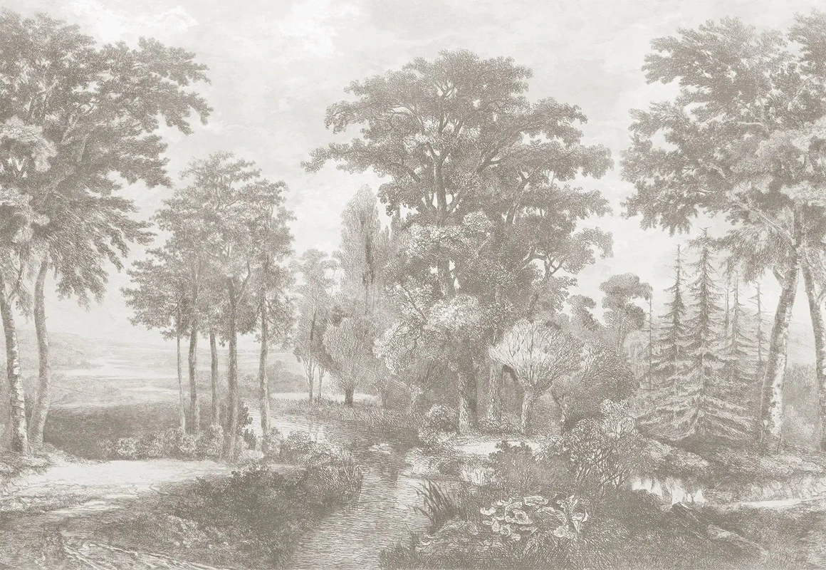 Фотообои на стену - пейзаж, бежевые, новинки, с рекой, лес, с деревьями, расширяющие пространство