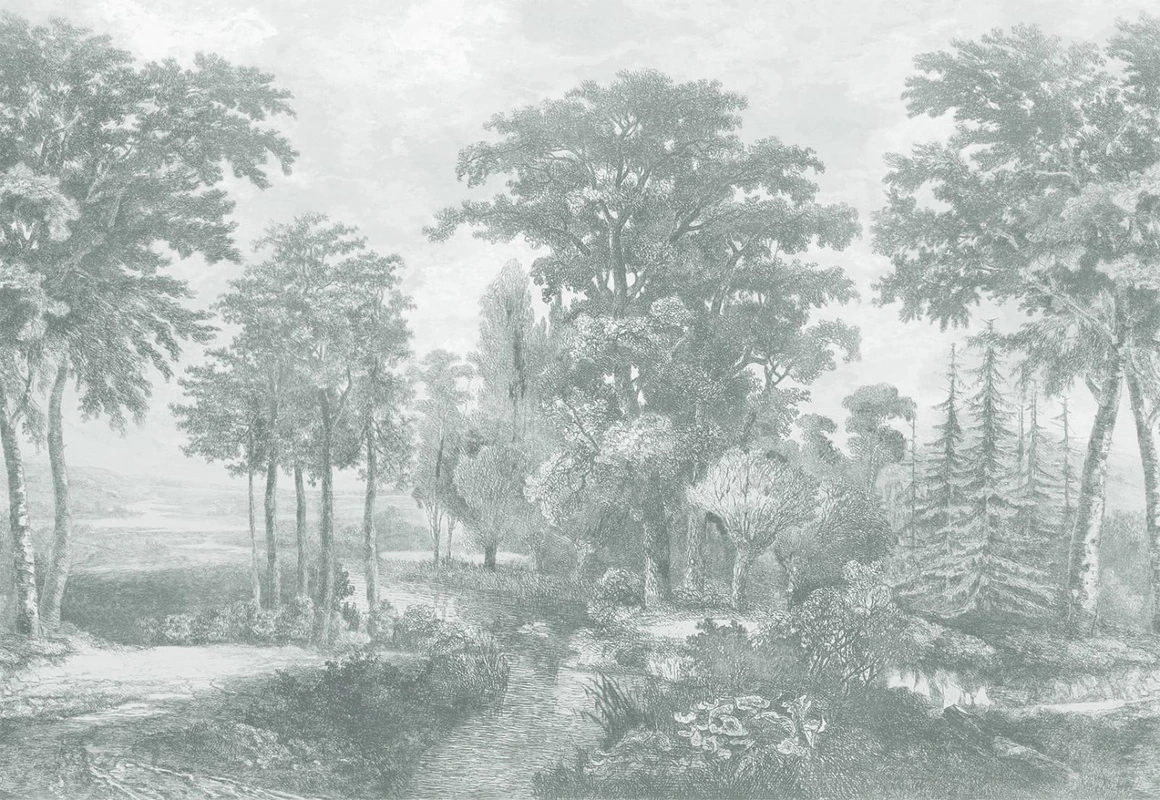 Фотообои на стену - пейзаж, серо-зеленые, новинки, река, русская природа, деревья, лес