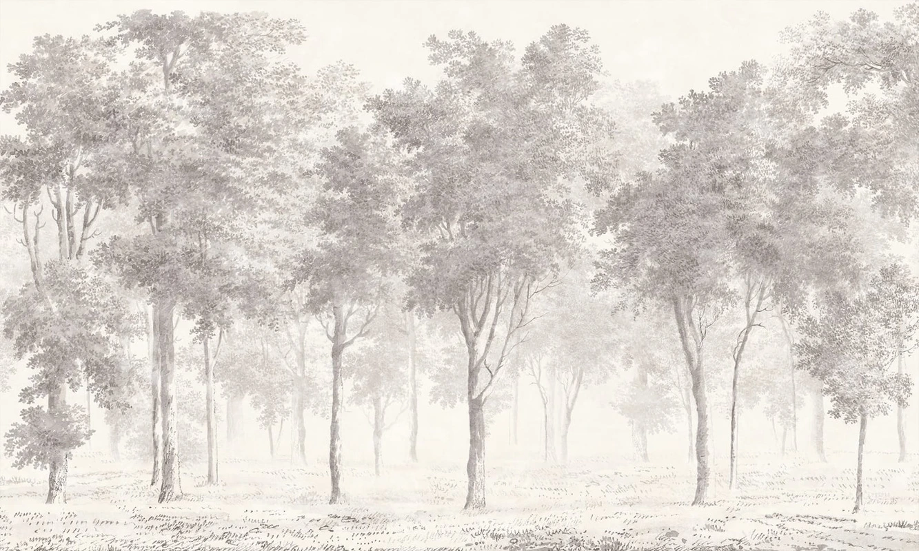 Фотообои на стену - пейзаж, серо-бежевые, лес, деревья в тумане, стволы деревьев