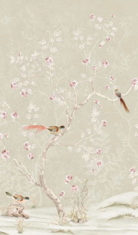 Фотообои на стену - шинуазри, сад, серо-зеленые,  дерево, с птицами, с цветами
