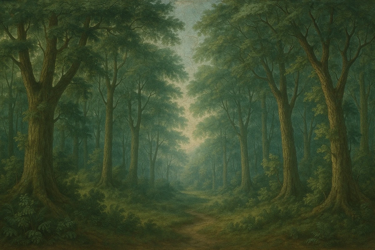 Фотообои на стену - лес, природа, пейзаж, деревья, спокойствие, утро, закат, тропинка, солнечный свет