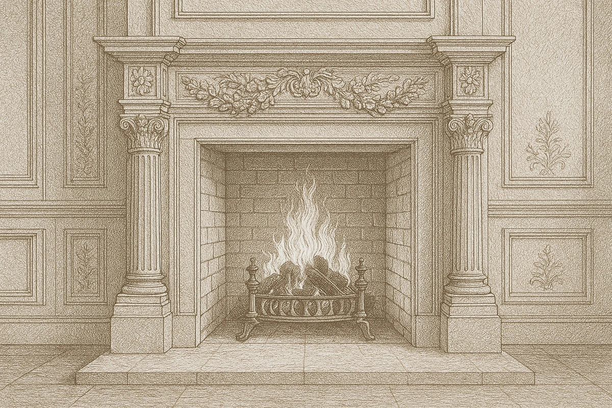 Фотообои на стену - камин, винтаж, гравюра, интерьер, классика, монохром, старинный стиль, уют