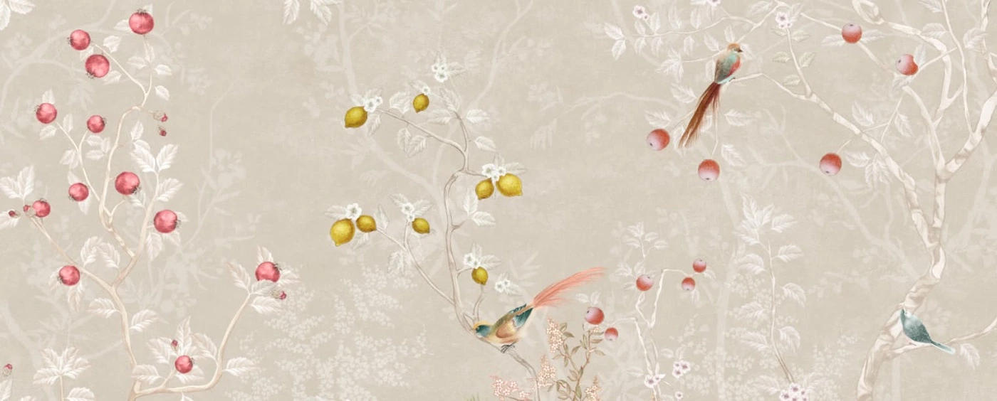 Фотообои на стену - шинуазри, сад, бежевые, с фруктами, с цветами, с птицами