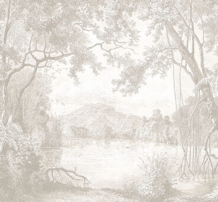 Фотообои на стену - лес, бежевые, деревья, популярные, в тумане, графика, озеро, парк, пейзаж